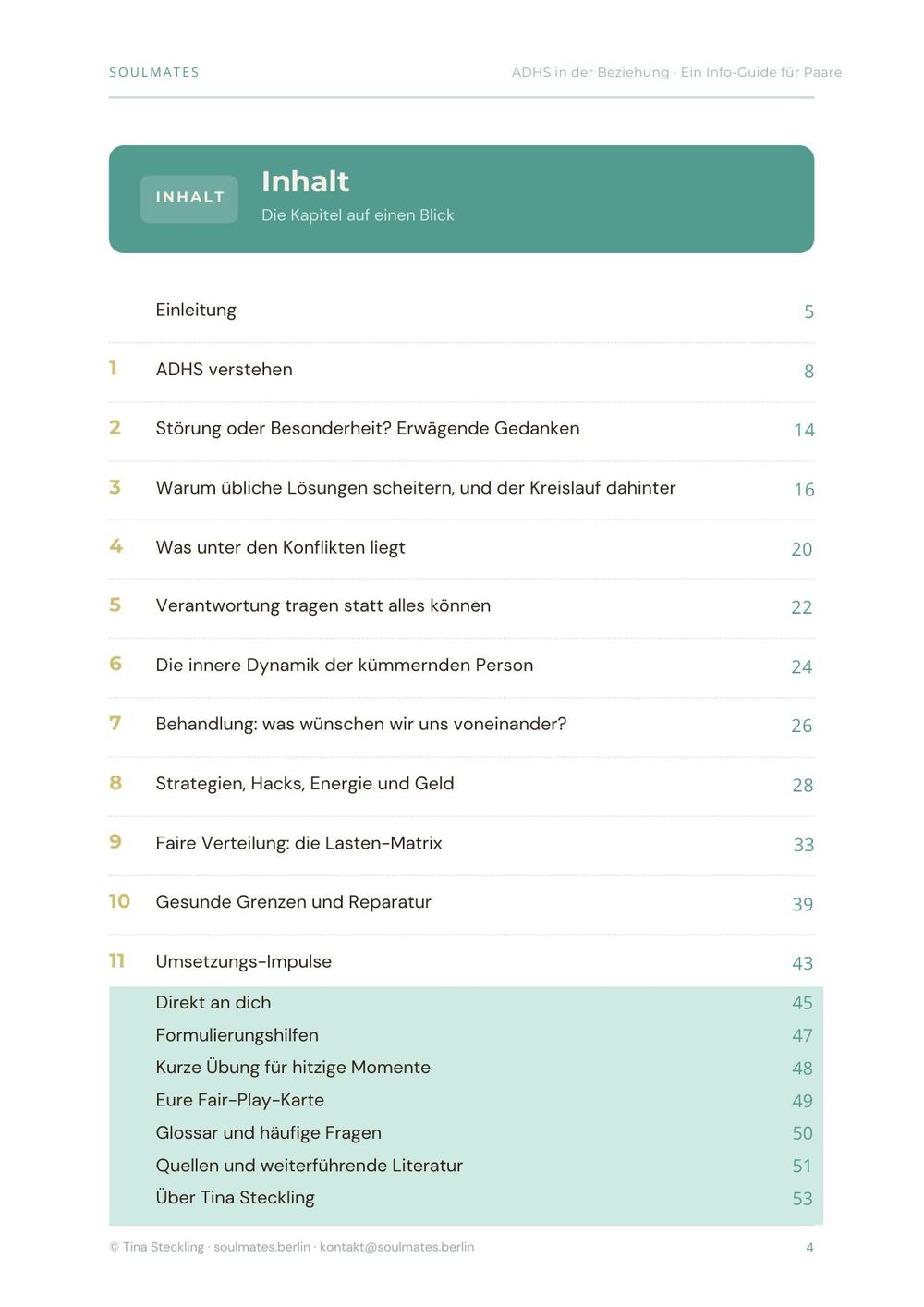 Inhaltsverzeichnis des Guides mit 11 Kapiteln und Praxis-Anhängen